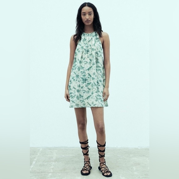 Zara Women’s Size Medium Green & Gold Halter Tie Flowy Boho Dress - Picture 1 of 11